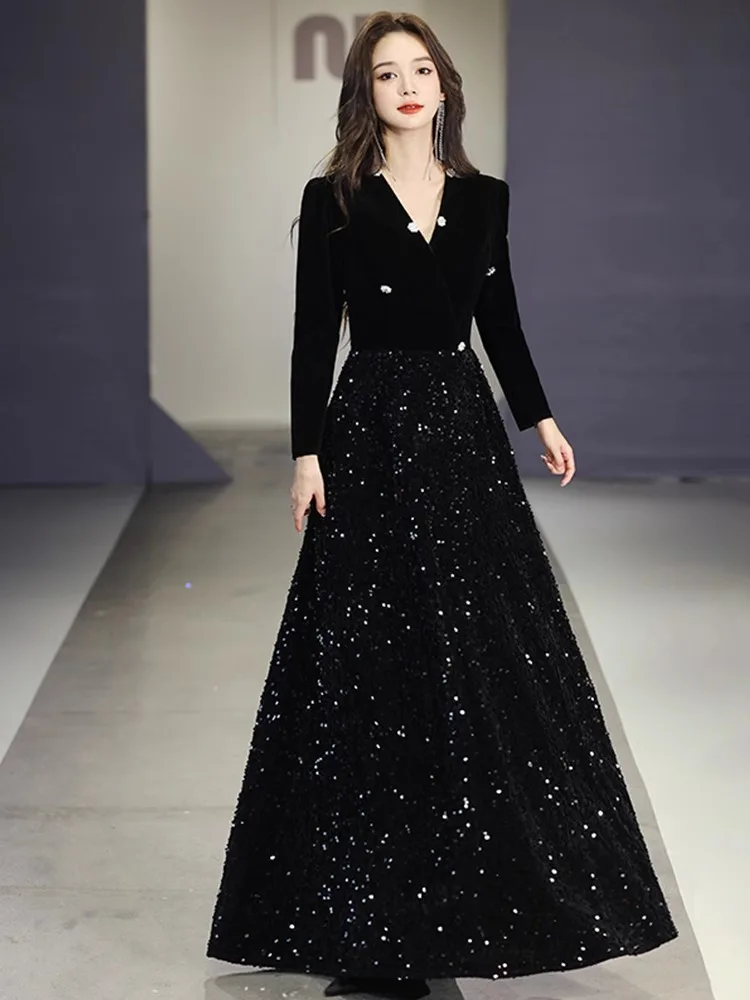 Evening Dress Black Long Sleeve 2024 New Banquet Socialite Temperament Art Exam Host Formal Fall Women's Clothing