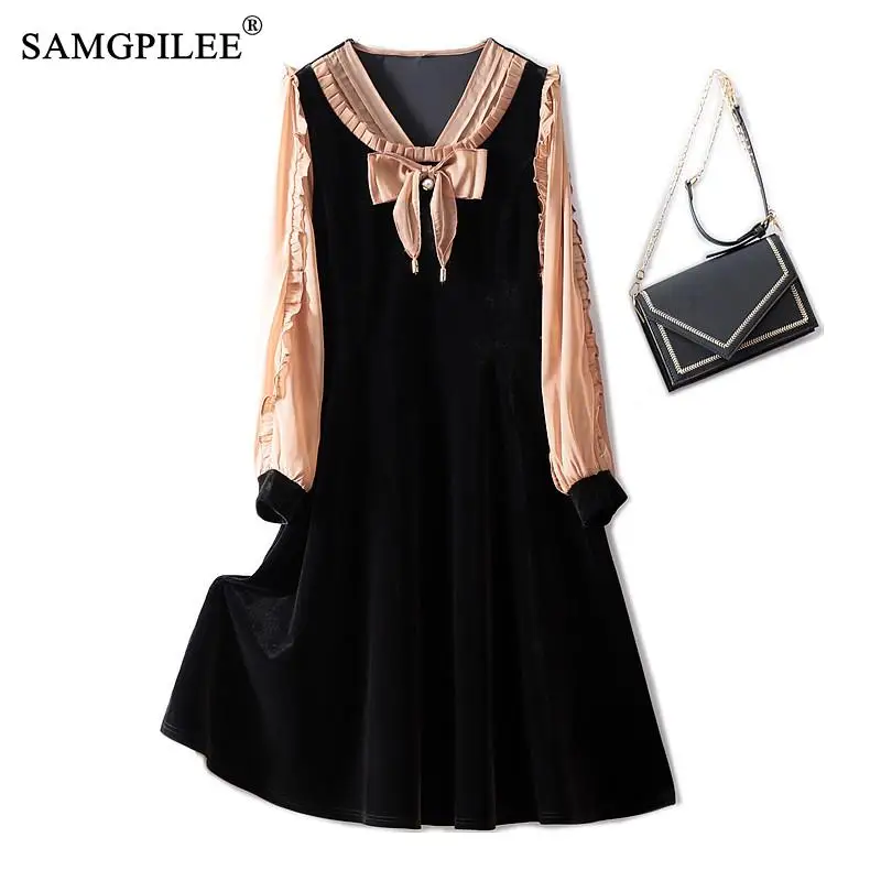 

Dresses For Women 2022 European Retro Bow-knot Patchwork Diamond V-neck High-waisted Large-swing Gold Velvet Over The Knee Dress