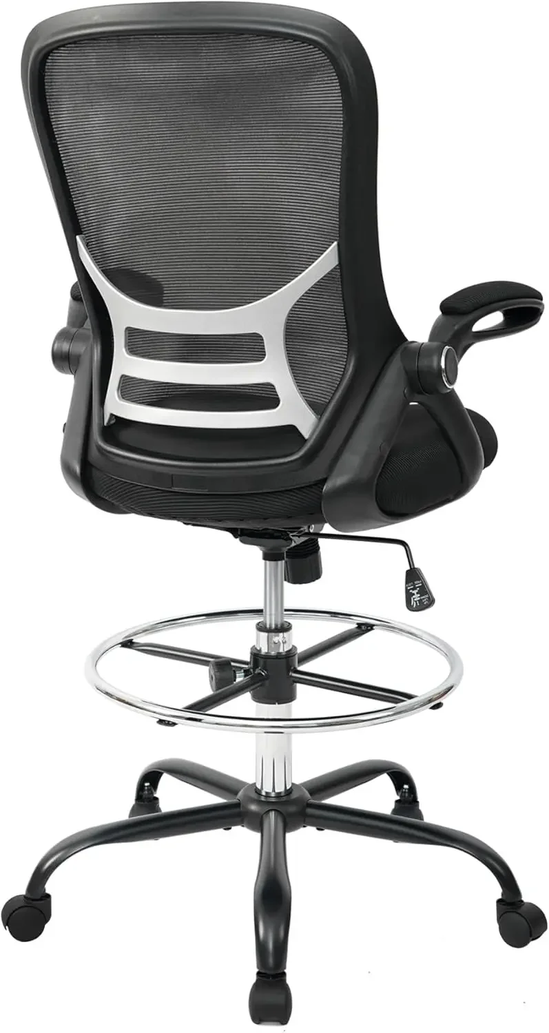 Drafting Chair Tall Office Chair High-Back Mesh Standing Desk Stool with Adjustable Footrest Ring and Flip-Up Arms