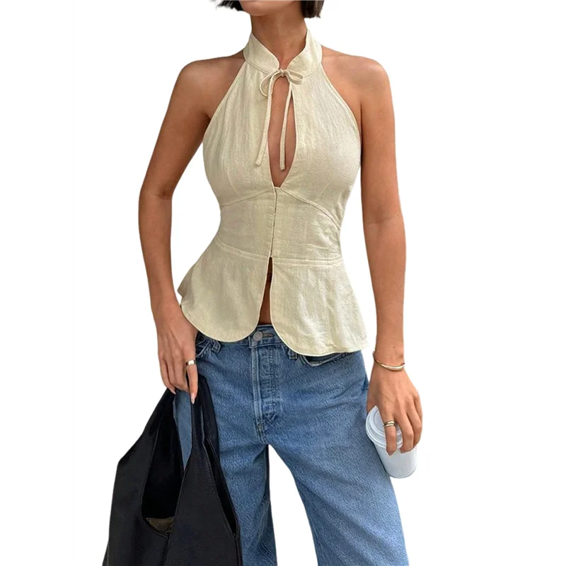 FX – Blusa feminina de verão com frente única, sem mangas, corte com laço e costas nuas