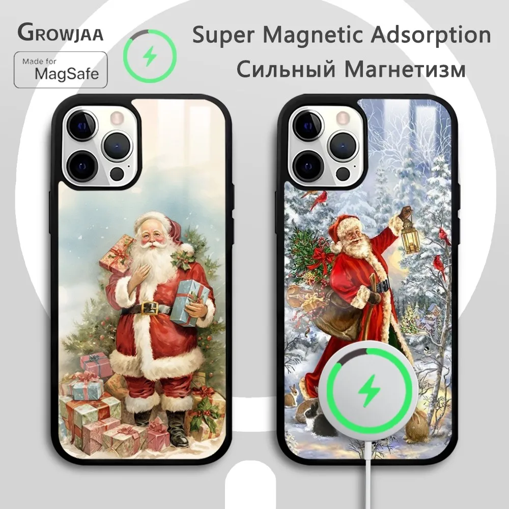 

Retro Santa Claus Phone Case For iPhone 16 15 14 13 12 11 Pro Max Plus Mini New Magsafe Mirror Wireless Magnetic CoverFunda