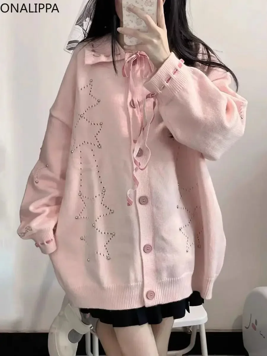 Onalippa Sweet Solid Pink Knitted Women Cardigan Slouchy Style Hollow Out Kawaii Cardigans Korean Peter Pan Collar Sweater