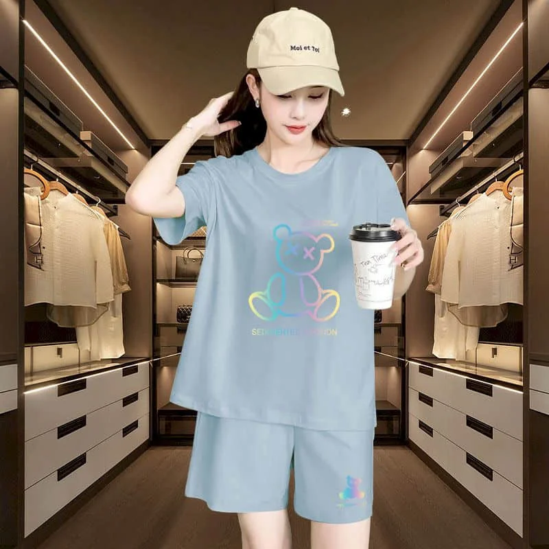 Sporty Shorts Set Loose Korean Style Casual Pants Sets Short Sleeve T-shirt 2 Piece Sets Women Outfits Summer Sportswear Suits