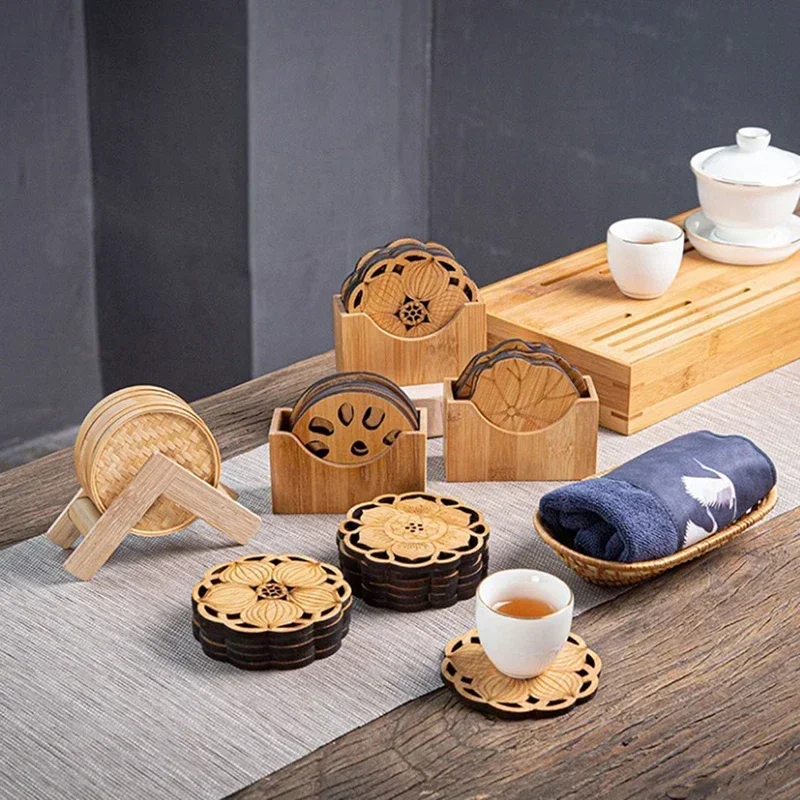 Wooden Lotus Flower Drink Coasters Creative Round Cup Mat Table Mat Tea Coffee Mug Placemat Home Decoration Kitchen Accessories