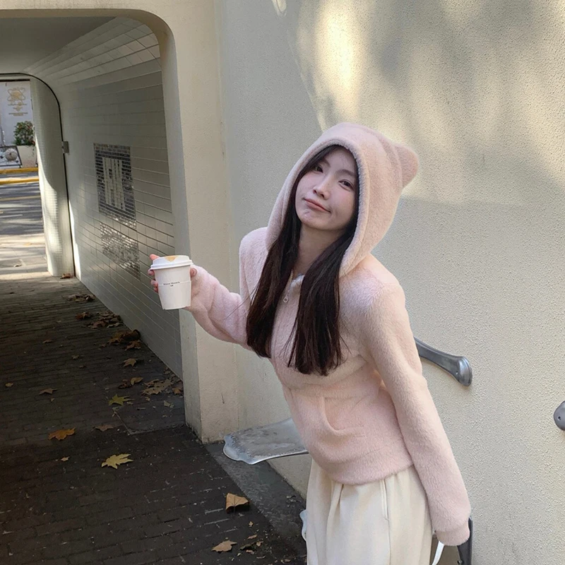 Cute Bear Ear Hooded Warm Plush Jacket for Women Autumn Winter Slim Fit Thick Outerwear Woman Casual Solid Zipper Sweatshirt