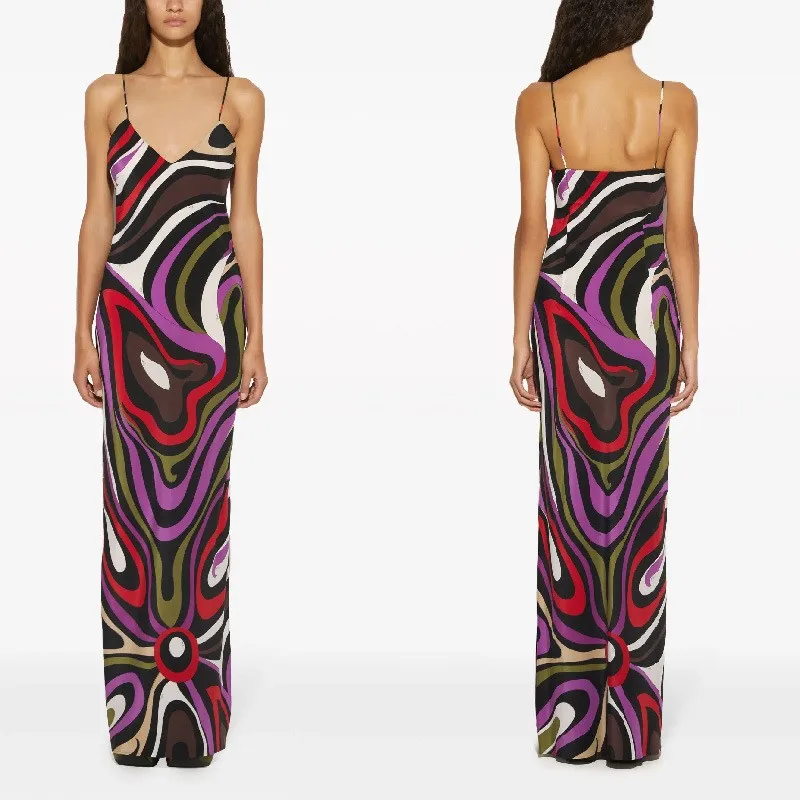 Color Print Slim Boho Dress Mujer Sexy Hollow Backless V Neck Sling Long Dresses Elegant Holiday High Waist Hips Dress Vestidos