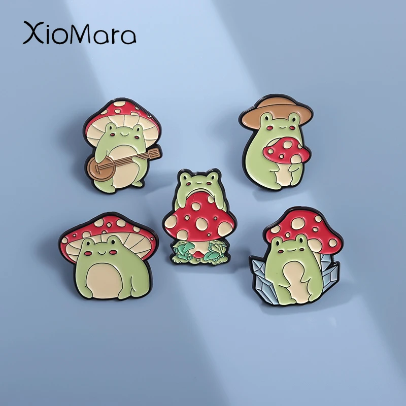 Cartoon Cute Frog Mushroom Brooch Enamel Pin Creative Animal Plant Funny Badge Collection Lapel Collar Fashion Jewelry Accessory