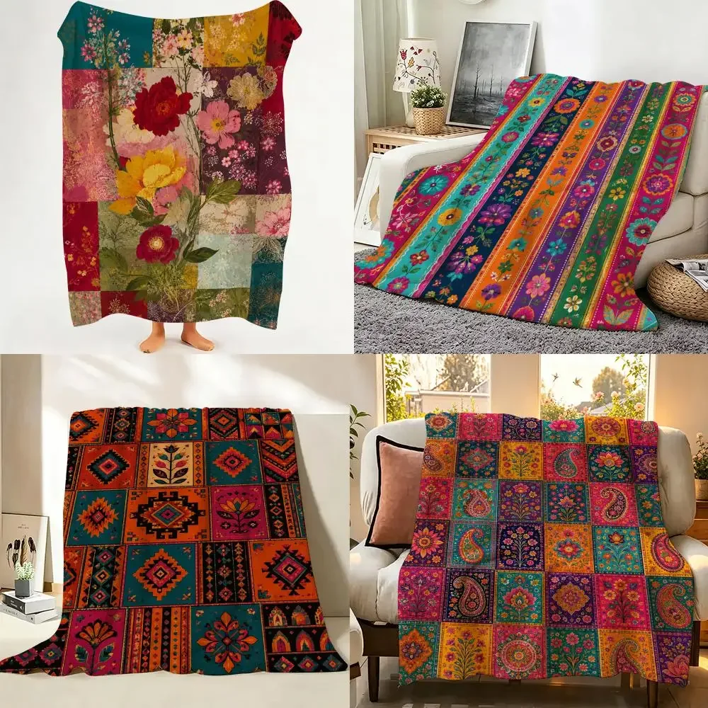 Vibrant Colorful Patchwork Quilt Throw Flannel Throw Blanket Suitable warm for Sofa、Living Room、Bedroom soft