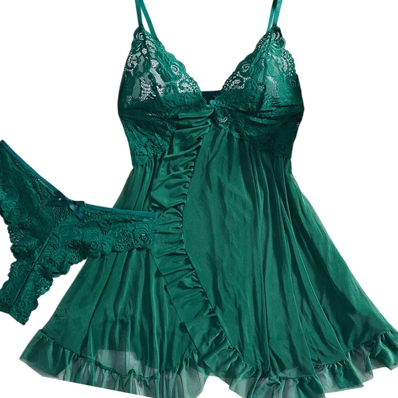 Women's Sexy Lingerie Underwear Contrast Lace Ruffle Trim Lingerie Set See Through Sleepwear Lace Nightdress Pijamas Sets