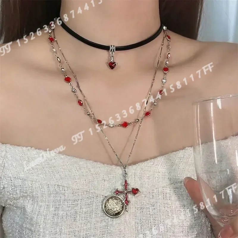 2pcs European American Style Dark Cross Necklace Ins Sweet Cool Spicy Choker Clavicle Chain Women Accessories