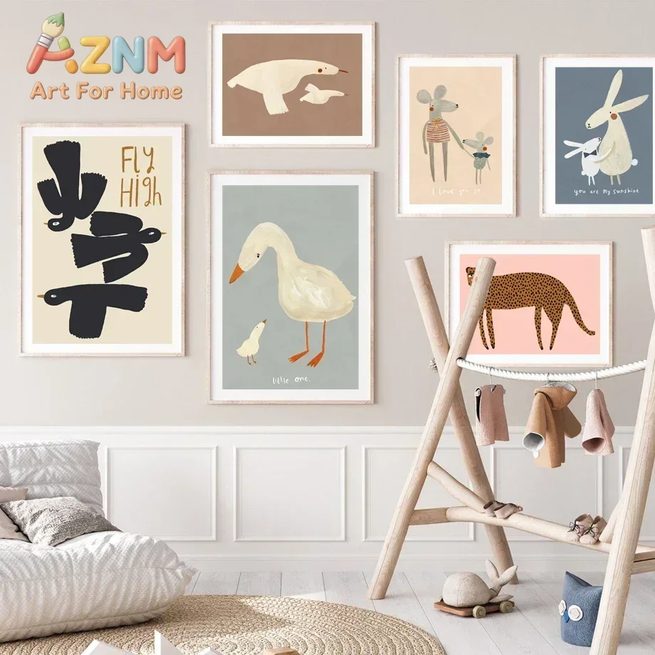 Cute Rabbit Bird Geese Leopard Dog Nursery Canvas Painting Home Decoration Wall  Room Decor