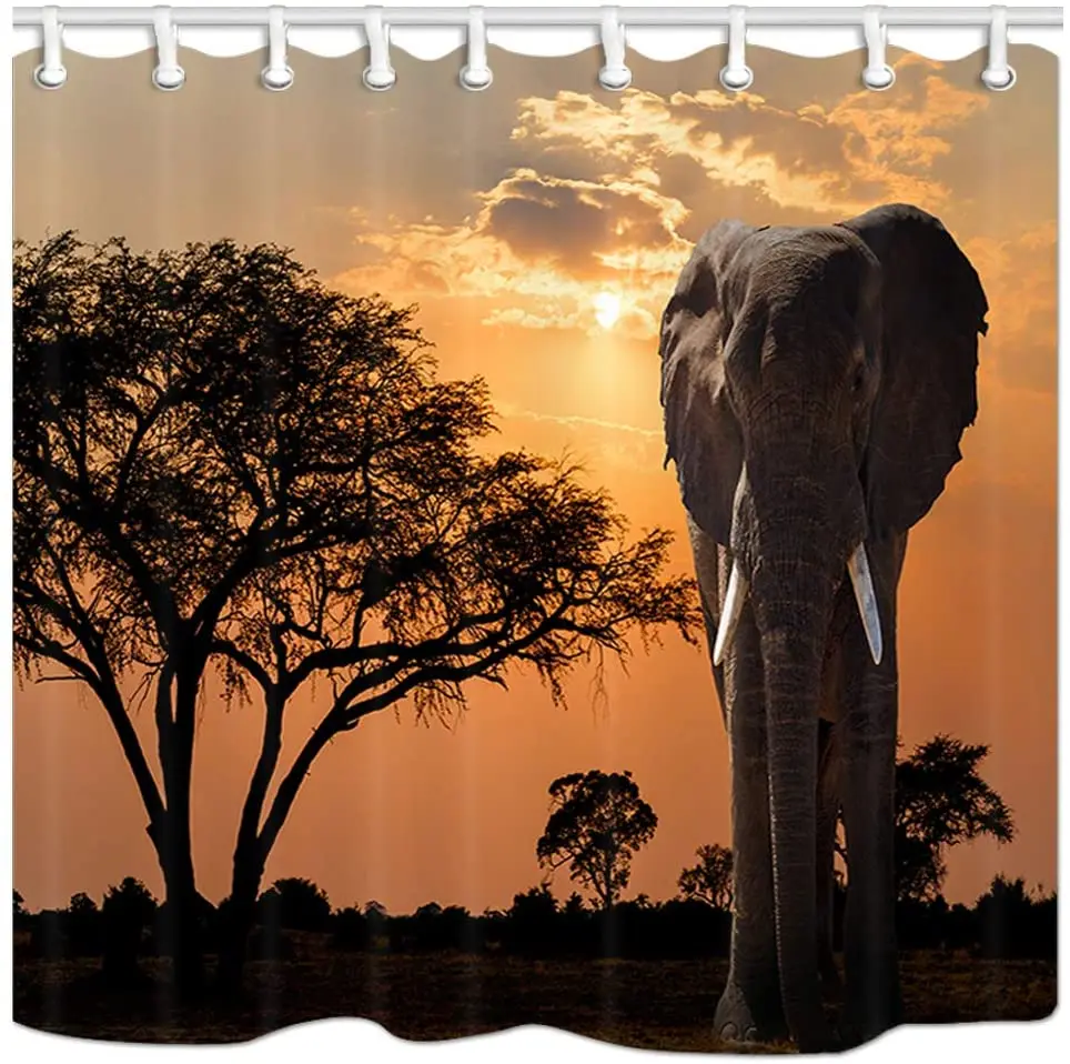 Elephant Shower Curtain Sunset Over Acacia Tree African Elephant Africa Safari Polyester Curtains Bath Decorations Bathroom