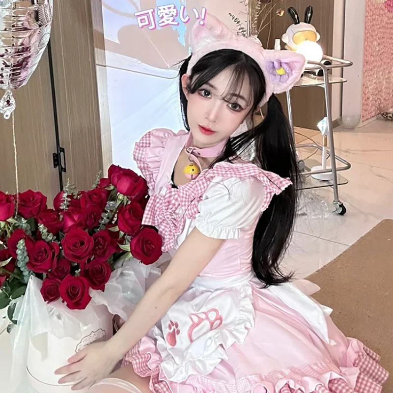 Lolita Cat Girl Anime Maid Uniform Women Halloween Cosplay Party Dress Japanese Sweet Plaid cameriera Princess maids outfit 5XL