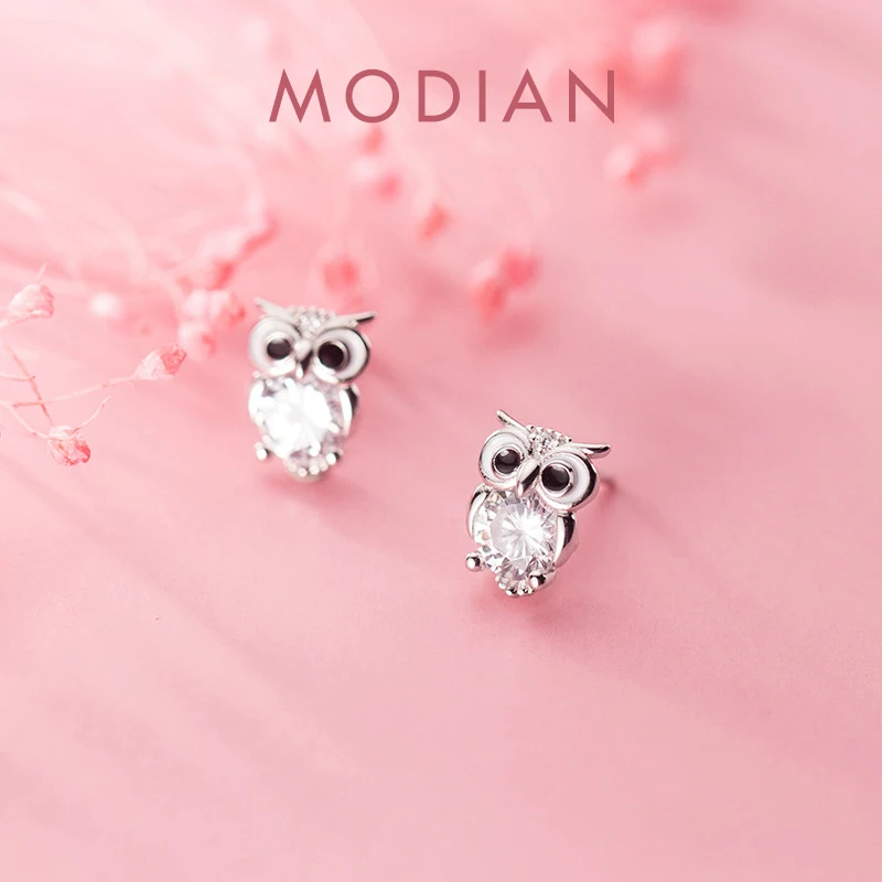 

MODIAN Классический Настоящее 925 стерлингового серебра сверкающий AAA Циркон с милой совой серьги-гвоздики для женщин простой звериного уха Pin ювелирные украшения