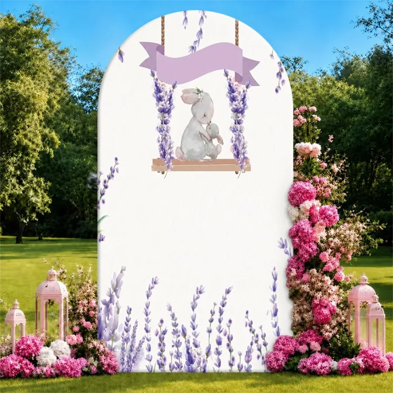 

Single Side Arch Backdrop Cover Lavender Garden Theme Backdrop for Weddings or Events Featuring Rabbit on Swing with Purple