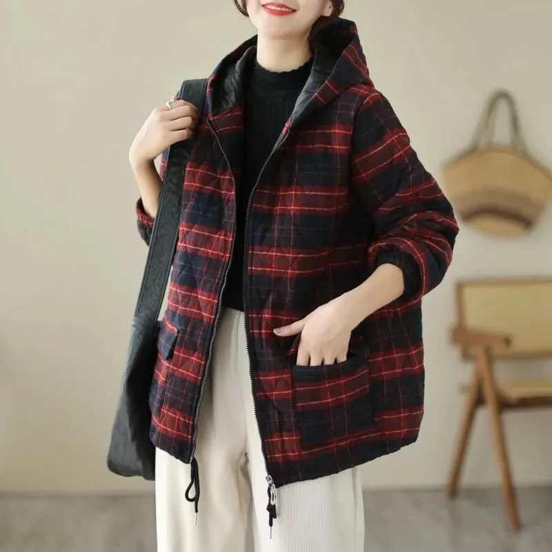 Large Size Women's Cotton Jacket Loose Casual Hooded Checkered Shirt Coat Autumn Winter Coat Cotton Keep Warm Clip Jacket Top