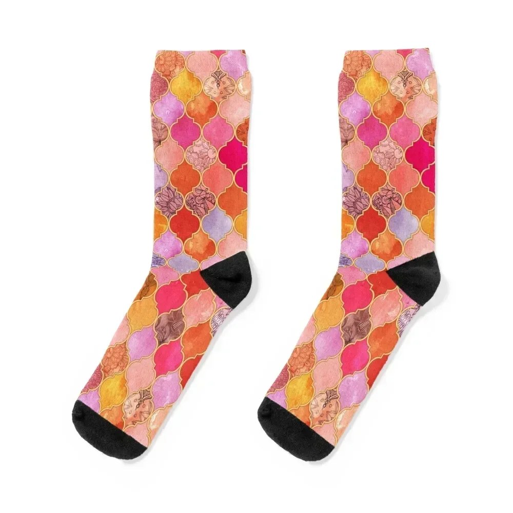 

Hot Pink, Gold, Tangerine & Taupe Decorative Moroccan Tile Pattern Socks cotton essential winter thermal Socks Men's Women's