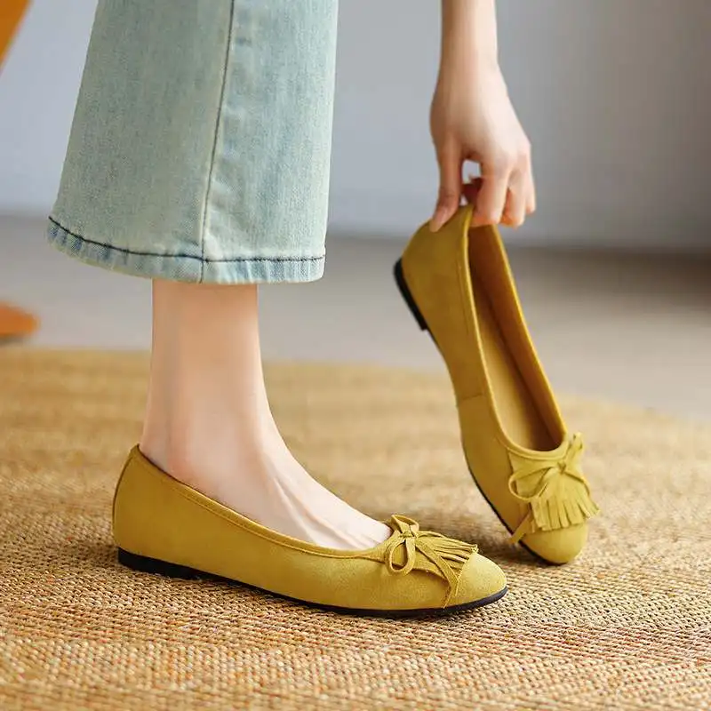 كرازينغ بوت الأغنام الجلد المدبوغ جولة تو المرأة الصيف الحديثة الشارع ارتداء الباليه راقصة الضحلة فراشة عقدة شرابة هامش Ins الشقق #4