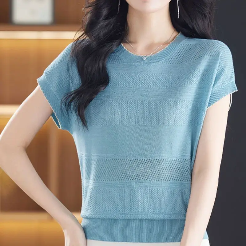 New Summer Solid Color Round Neck Short Sleeve Knitted Sweater Loose Ice Silk Stylish Thin Top