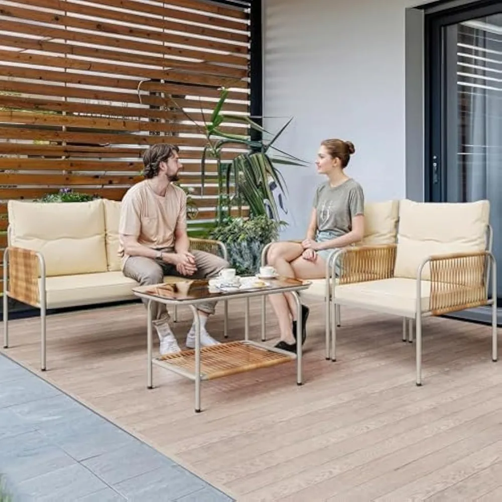 4 Pieces Patio Furniture Set, Wicker Outdoor Conversation Set, All-Weather Rattan Bistro Set with Loveseat Set, Coffee Table