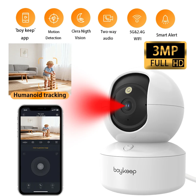 

3-мегапиксельная камера для домашних животных Boykeep с приложением для телефона, детская камера безопасности для помещений с Wi-Fi 5G/2,4 ГГц, 360° ° Панорамирование и наклон, двустороннее аудио, ночное видение