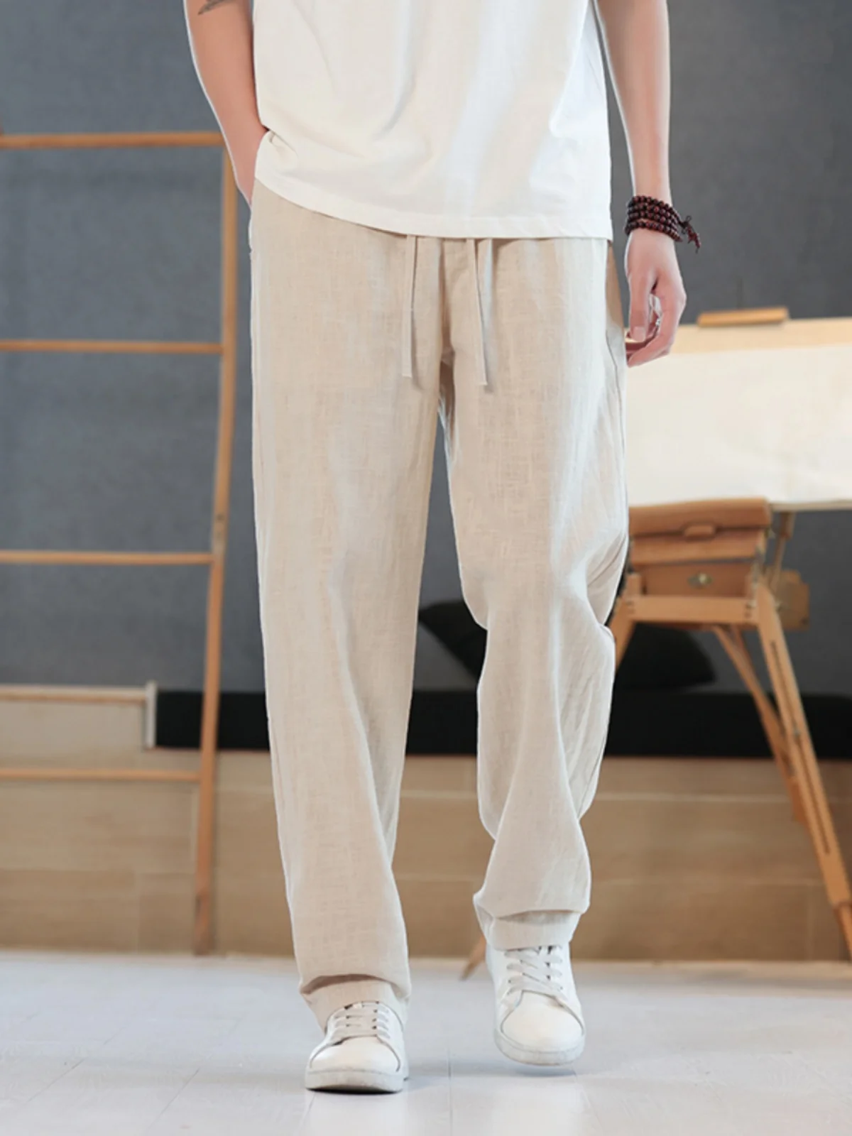 

Men's Summer Cotton Linen Pants Drapey Loose Straight Leg Trousers Breathable Lightweight Casual Faionable Straight Cut