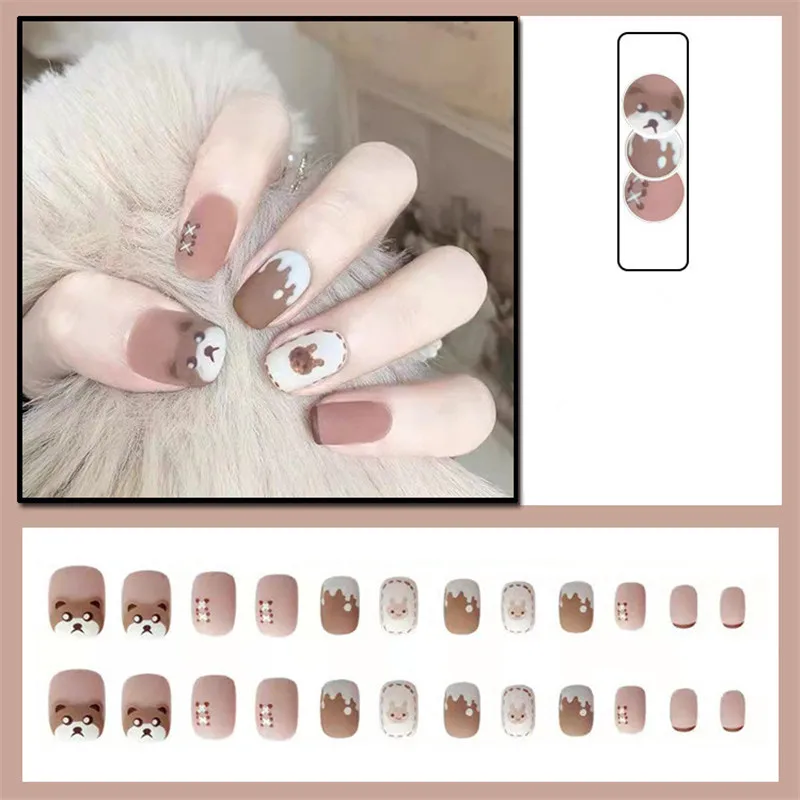 Faux ongles ours conviviale ré court pour femmes, patch de dessin animé mignon, amélioration des ongles, automne et hiver