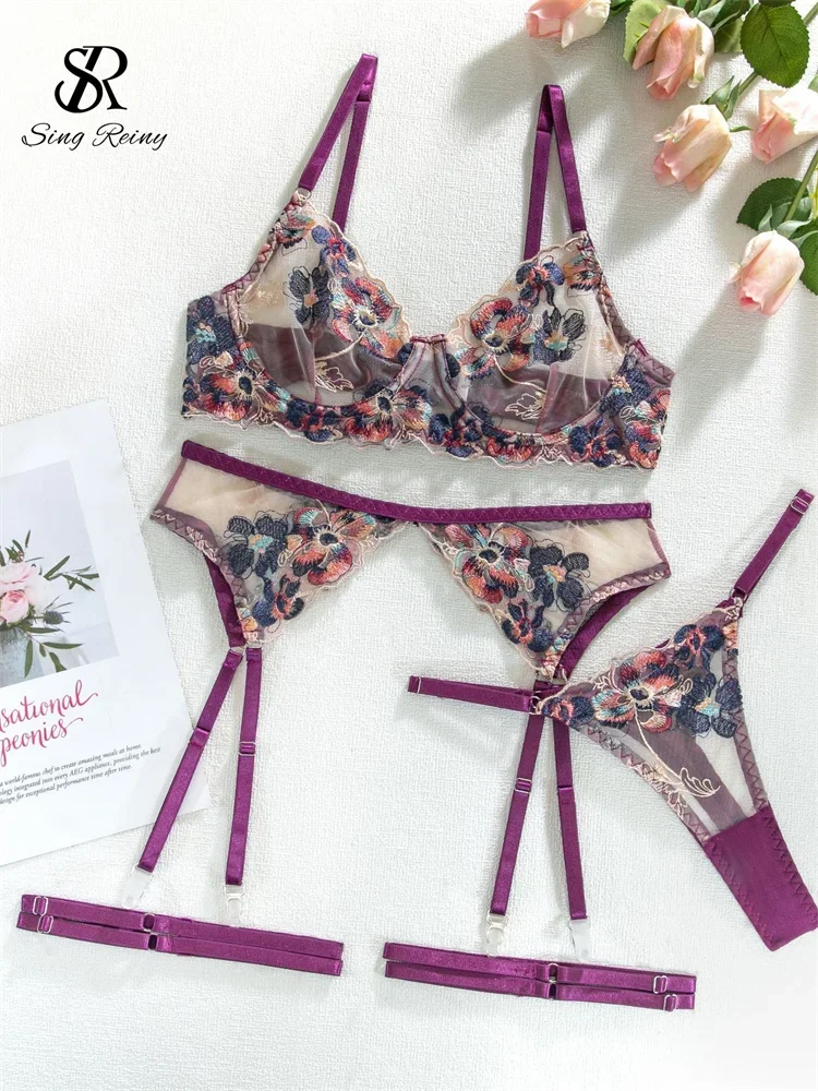 

SINGREINY Floral Embroidery Sexy 4 Pieces Suits Ladies Bodycon Sheer Shapewear Strapless Club Erotic Lingerie Underwear Sets