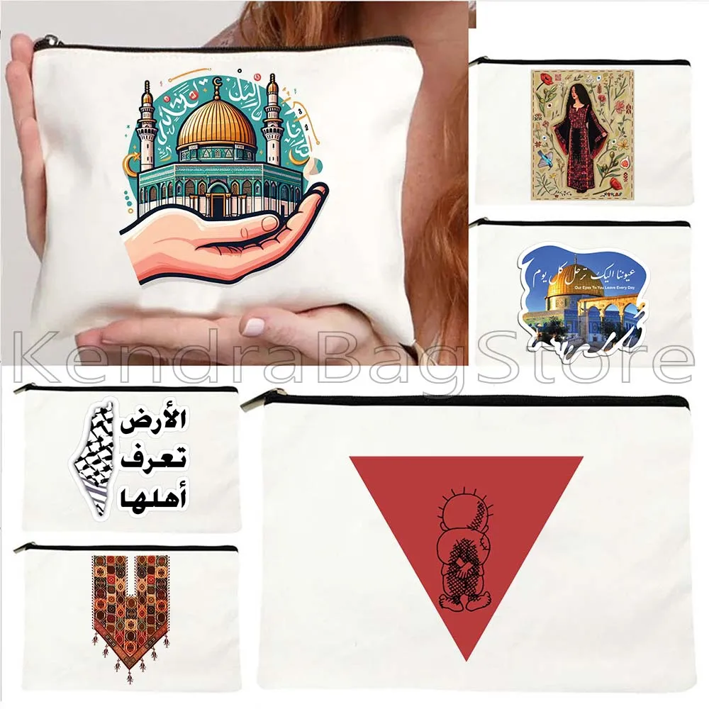 

Al Aqsa Mosque Tatreez Embroidery Pattern Love Arabic Gifts Canvas Cosmetic Bags Card Makeup Toilet Bag Pencil Case Zipper Pouch