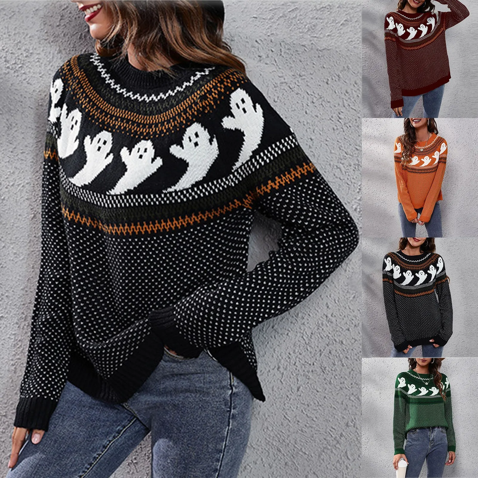 Halloween Ghost Pattern Sweater Women Vintage Crew Neck Long Sleeve Pullover Geometric Pattern Round Neck Warm Loose Knitwear