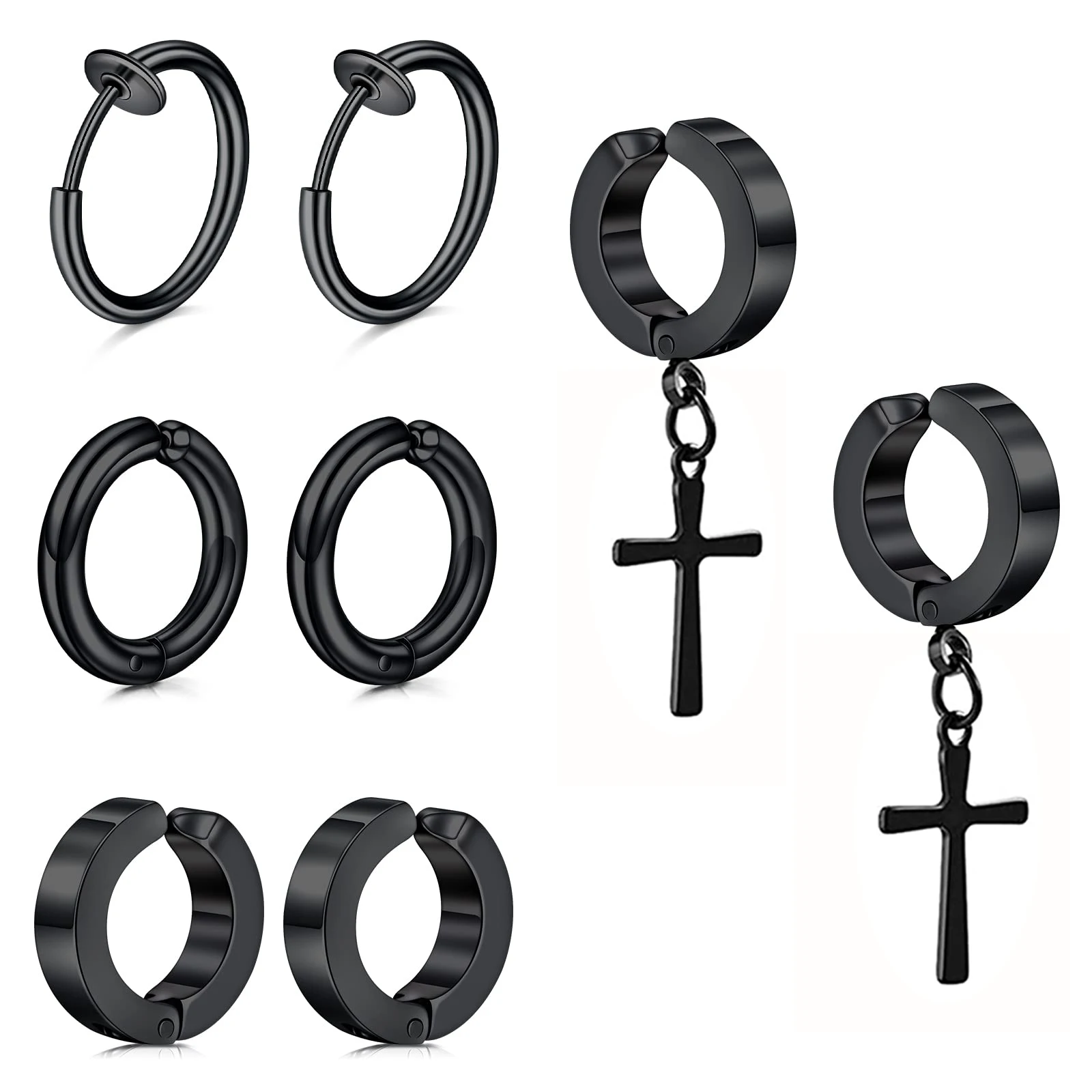 2/8pcs Black Stainless Steel Clip on Earrings Fake Nose Rings Studs Ear Cuff Non-Piercing Cross Dangle Earrings for Women Men