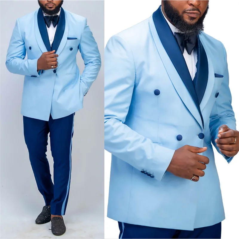 Stitching Color Men Suits Set Blazer Fashion Light Blue 2 Pcs Coat+Pants Prom Dress Jacket Custom Made Office Outfit Costume