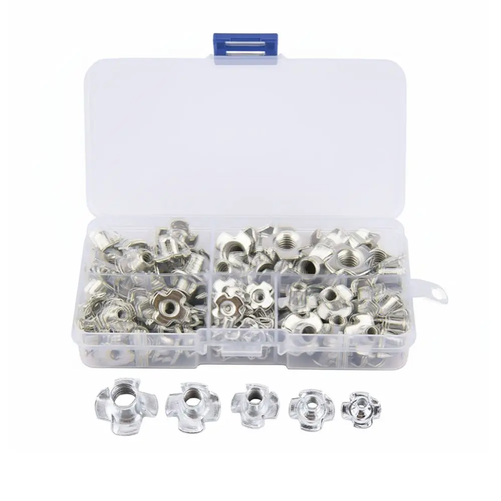 90pcs Four Claw​ T Nuts​ Carbon Steel​ M3/M4/M5/M6/M8​ Blind Inserts​ Zinc Plated​ Four Pronged Nuts​