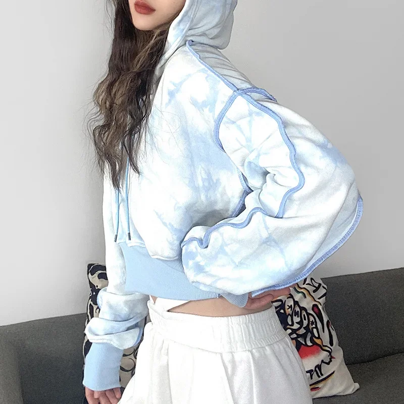 Fall and Winter New 2024 Women's Short Loose Fashion Tie-dye Hooded Long Sleeve Blue Pullover Female Korean Hoodies Sweatshirt