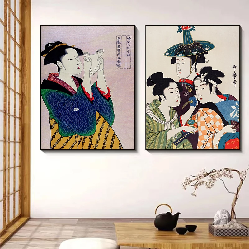 빈티지 일본 전통 우키요에 아트웍 게이샤 사무라이 포스터 캔버스 회화 벽 아트 그림 홈 레스토랑 장식