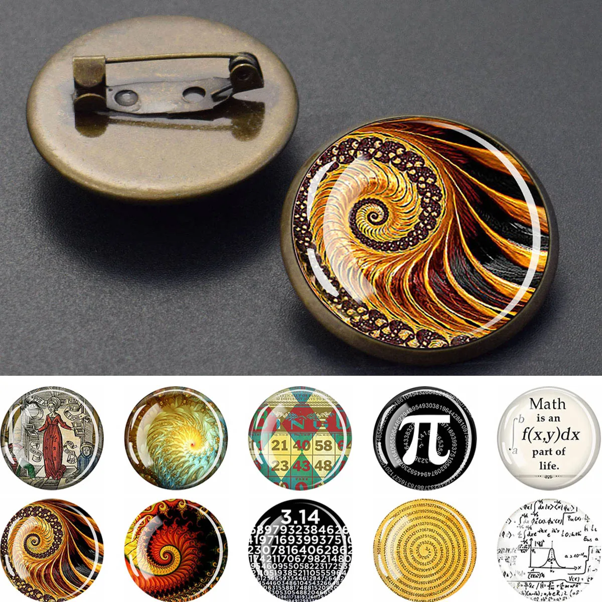 Math Fractal Pattern Brooch Glass Dome Lapel Pin Fashion Accessory for Jackets Backpacks Daily Wear Collectible Ornament Gift