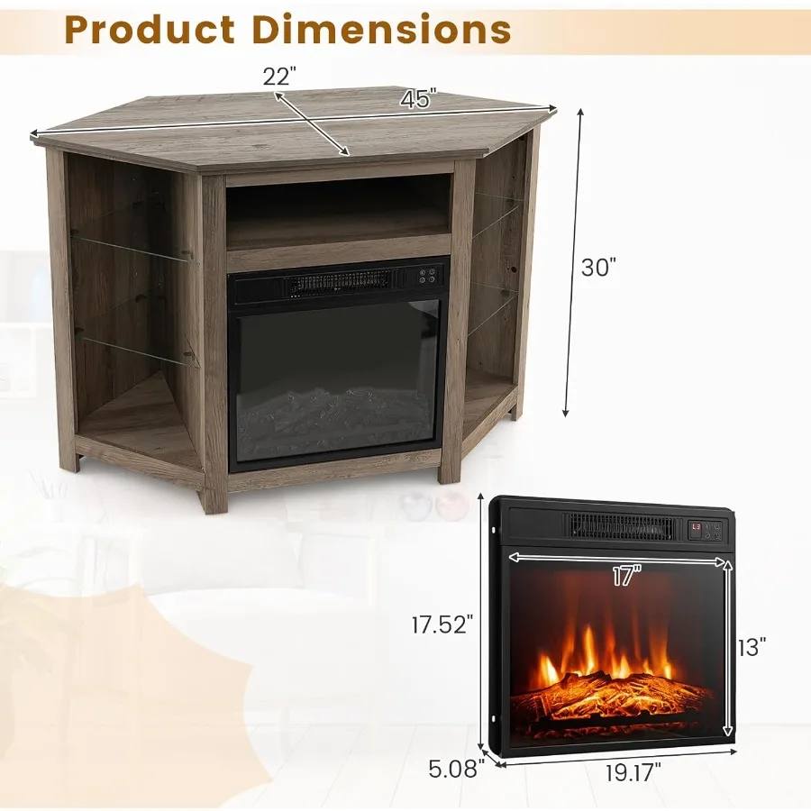 Perapian Listrik Modern dengan Rak TV Sudut, Lampu LED 16 Warna, 3 Tingkat Kecerahan, Kontrol Remote dan Aplikasi