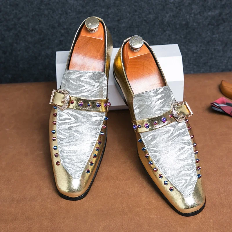 Fashion Gold Silver Dress Shoes for Men Luxury Brand Mens Casual Shoes New Youth Large Size 38-47 Party Chelsea Evening Oxfords