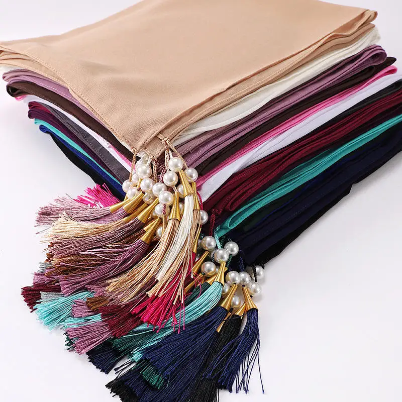 New Solid Pearl Chiffon Tassels Scarf Malaysia Large Square Scarf Veil Headscarf  Hijab Femme Musulman