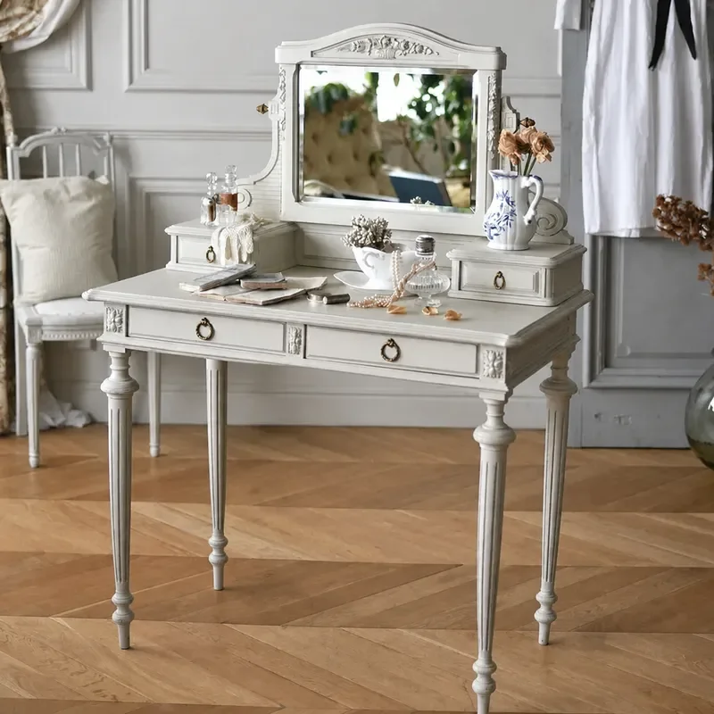Retro Solid Wood Dresser Small Apartment Bedroom Storage Makeup Table Country Style Carved Vanity Desk