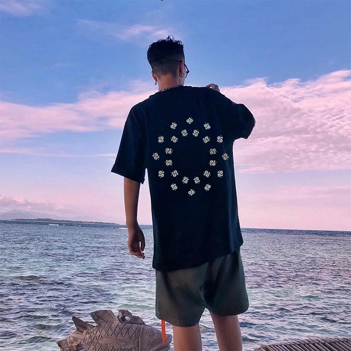 Camiseta de manga corta con patrón de flores de anacardo para hombre, Tops de algodón, camiseta de moda, ropa de calle con cuello redondo