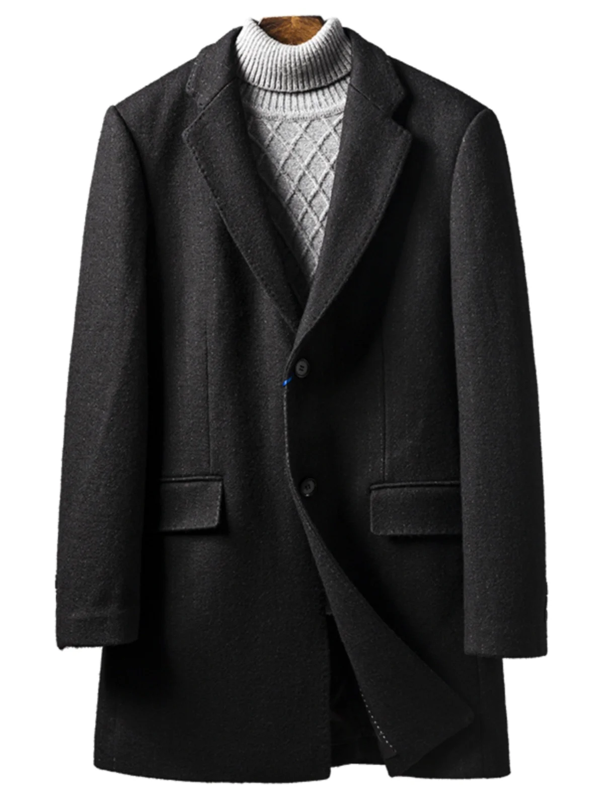 44 معطف بدلة بلا صوفي للشباب للخريف والشتاء Sle Faion Ci Stand Fit مزدوج الصدر لون نقي بحاشية مستقيمة #5