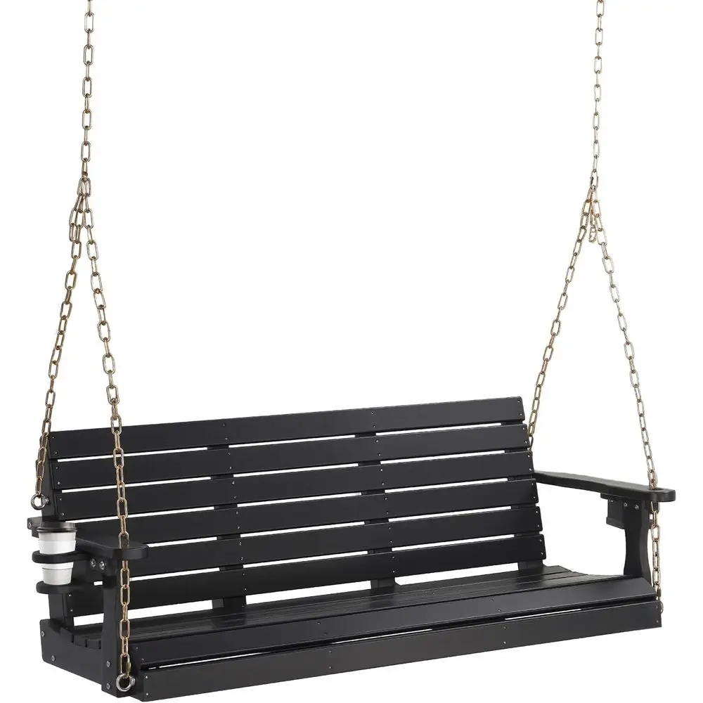

Durable 3-Person HDPE Porch Swing with Rotating Cup Holder, Adjustable Chains, for Patio, Yard, Garden - Black