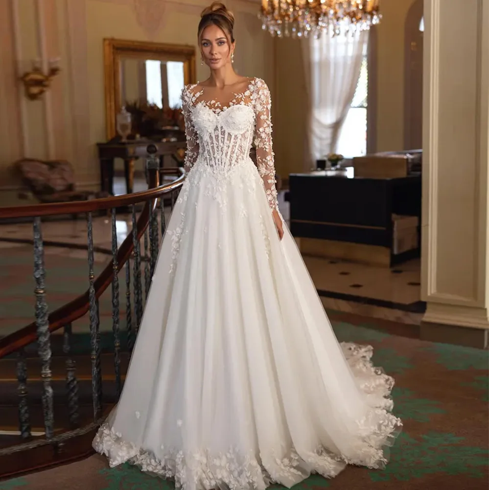 

Elegant Scoop Long Sleeves Bridal Gowns High Quality Tulle Robe de mariée Dreamy Customized Handmade Flowers Wedding Dress