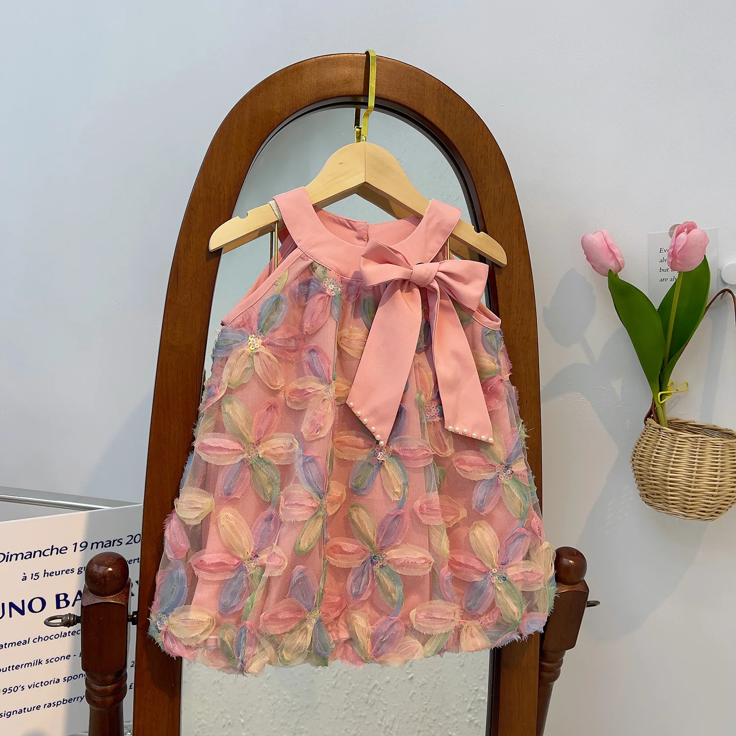 Summer new girls' Korean version of three-dimensional petal spelling super fairy big bow pearl foreign style dress