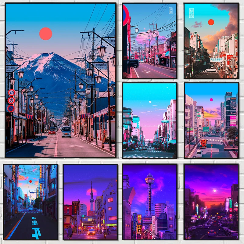 Japan Abstract Anime Cityscape Canvas Poster Unframed Cyber Neon Tokyo Street View Canvas Painting for Modern Home Wall Decor