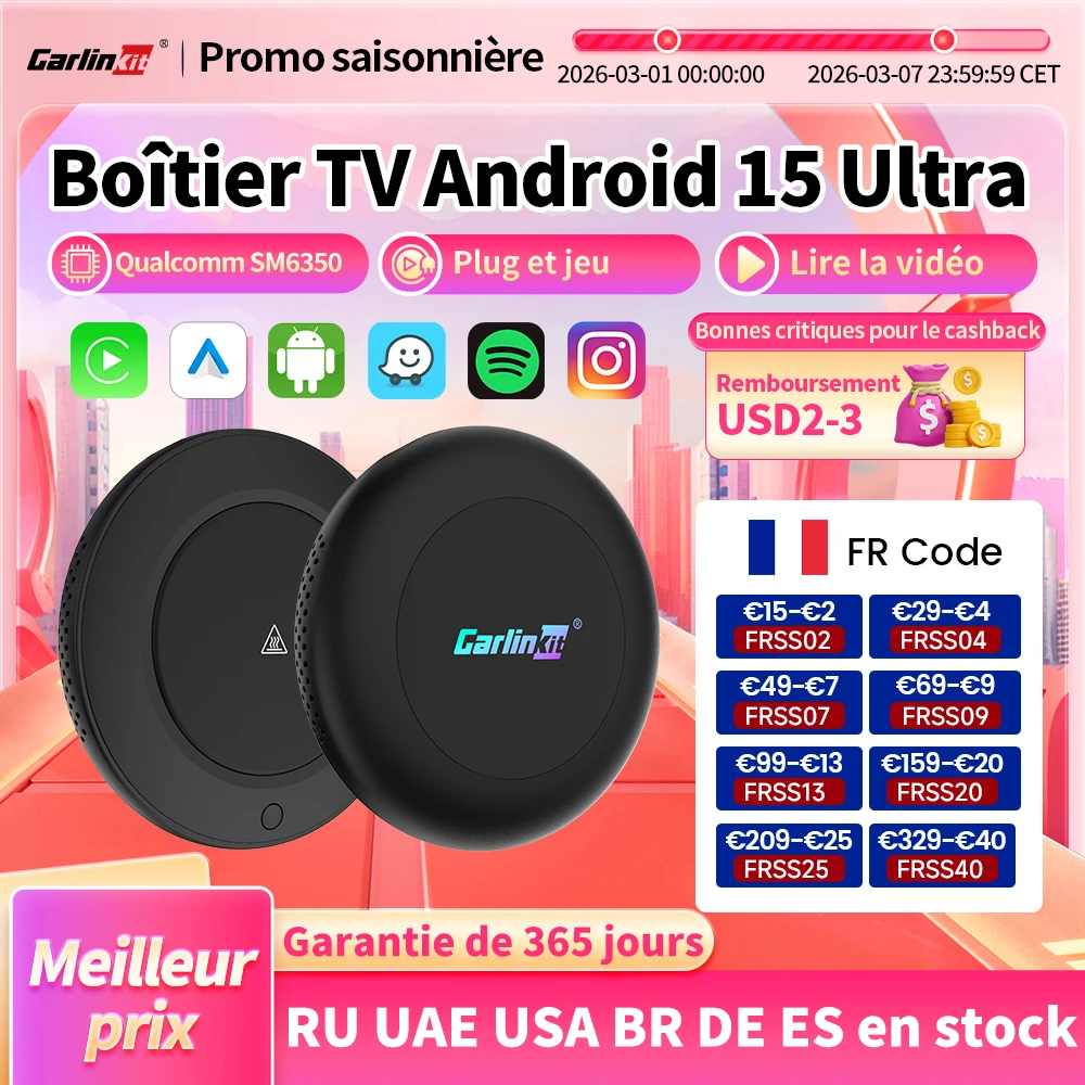 CarlinKit 8G + 128GB Android 15 Ultra2 CarPlay Ai Box sans fil Android Auto CarPlay vidéo en ligne SM6350 8 cœurs GPS 4G LTE pour voitures 10