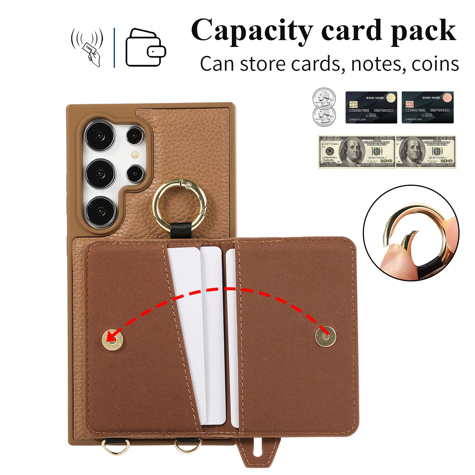 Crossbody Leather Hand Strap Card Holder Wallet Case For Samsung Galaxy S24 Ultra S23 S22, Wristband Kickstand Ring Phone Cover