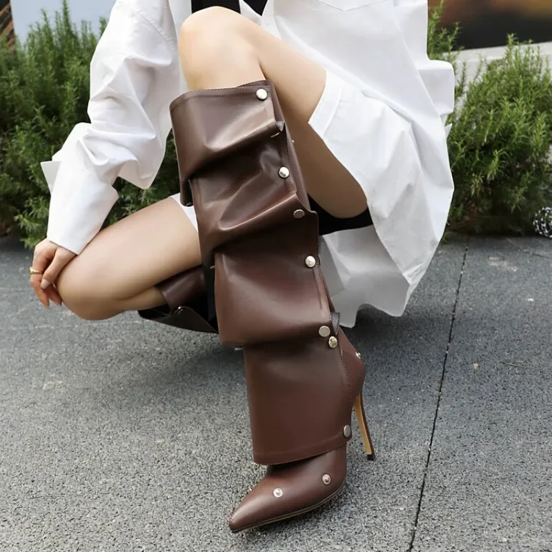 

2024 Rivet Metal Buckle Spliced Boots 10cm High Heel Over Knee Long Boots Apricot/Brown Matte Winter Boots Women's Shoes 32-48