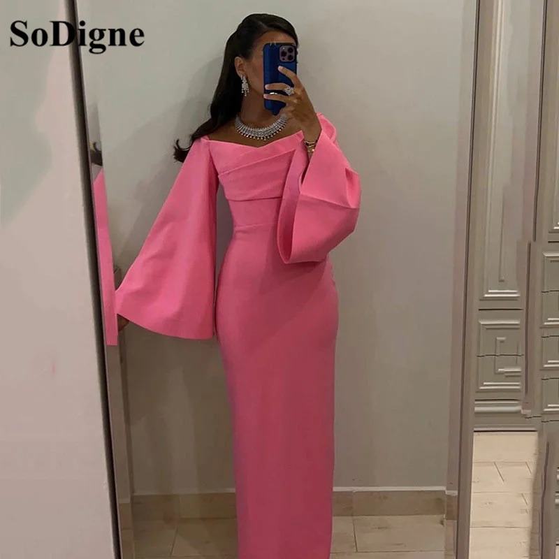 SoDigne Saudi Arabia Mermaid Party Evening Dresses 2023 Batwing sleeve elasticity Satin Prom Dress Formal Occasion Women Gowns